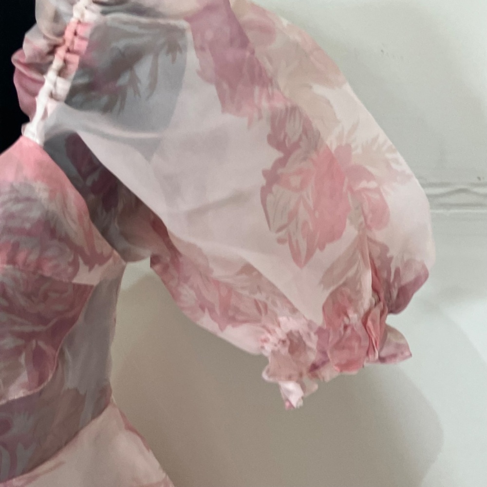 Pink Floral Puff-Sleeve Mini Dress - Picture 5 of 11